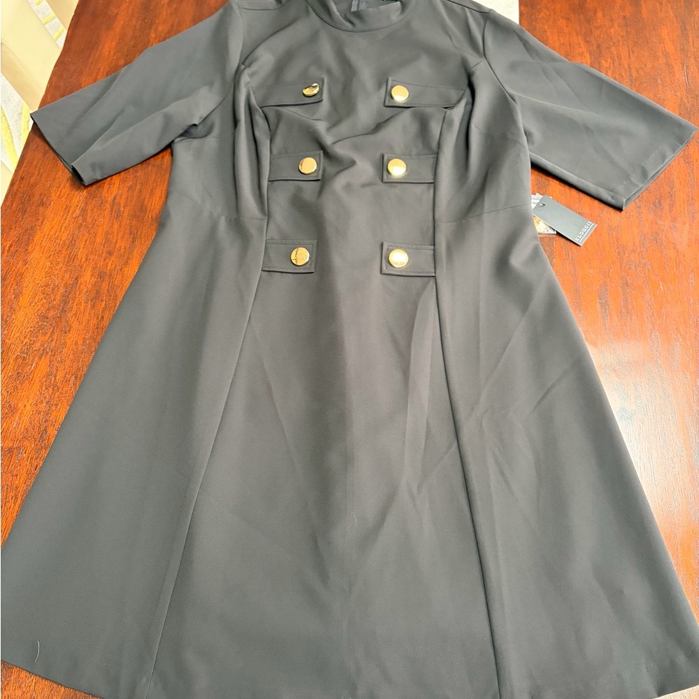 Women’s Black A-Line Dress with Gold Button Detail